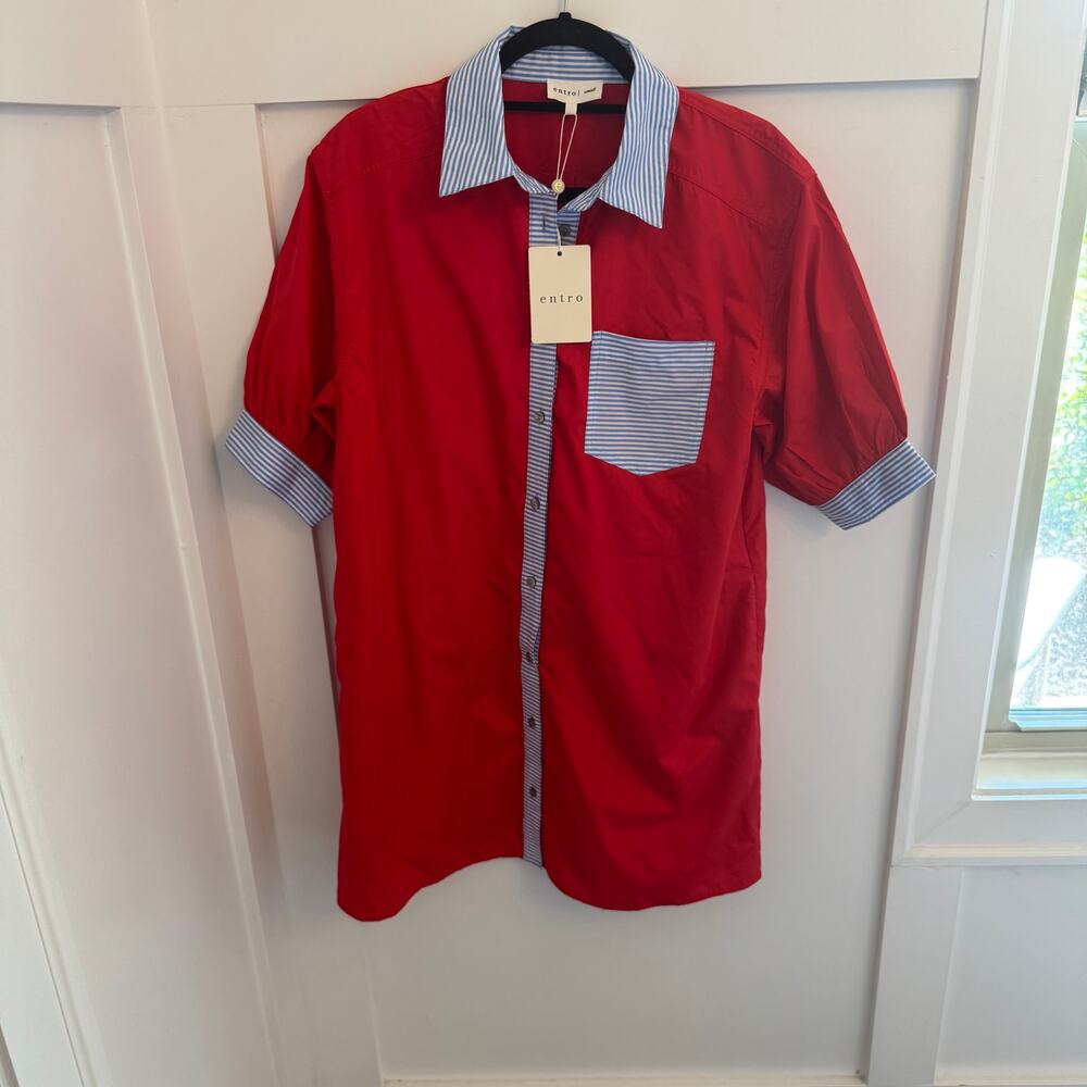 Entro NWT Red Blue White Stripe Shirtdress Size Small Pocket Puff Sleeve